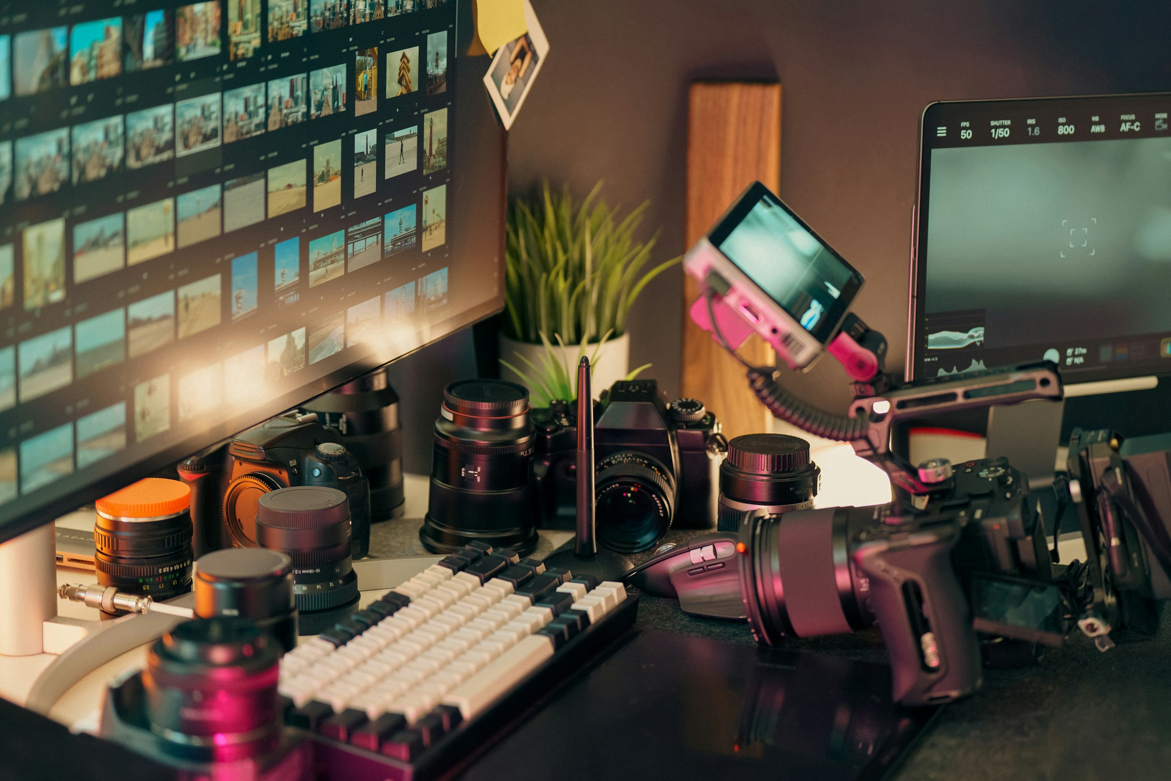 Content creation and video editing workspace with cameras and computer